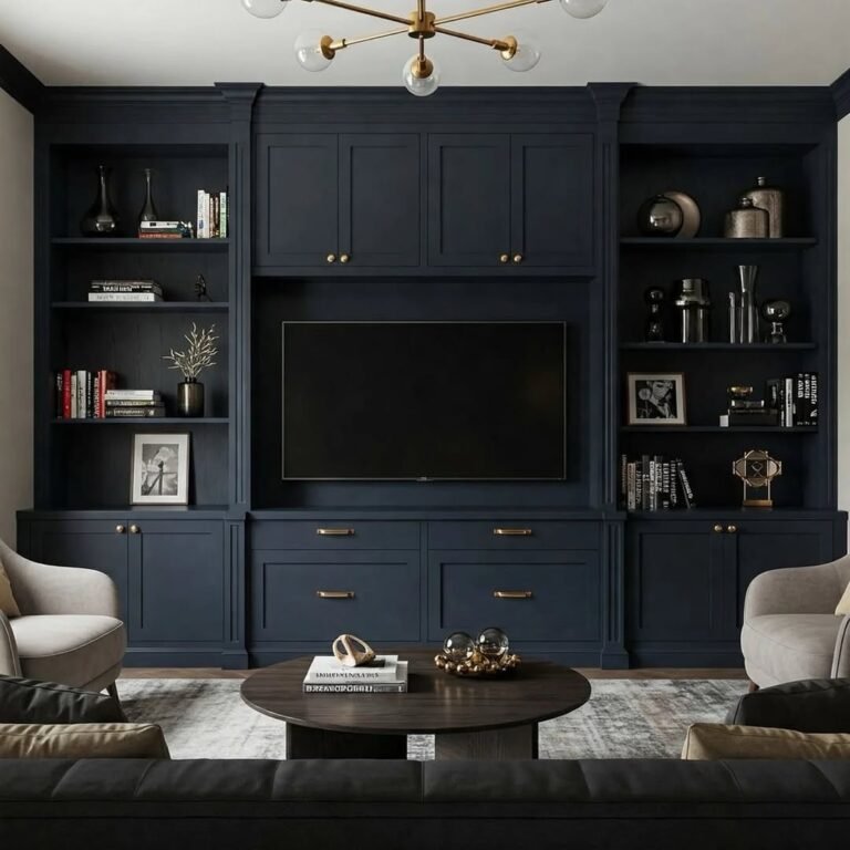 Living room with a floor-to-ceiling ink navy built-in wall unit, brass knobs and picture lights, combining storage, display shelving, and a media niche in one composition