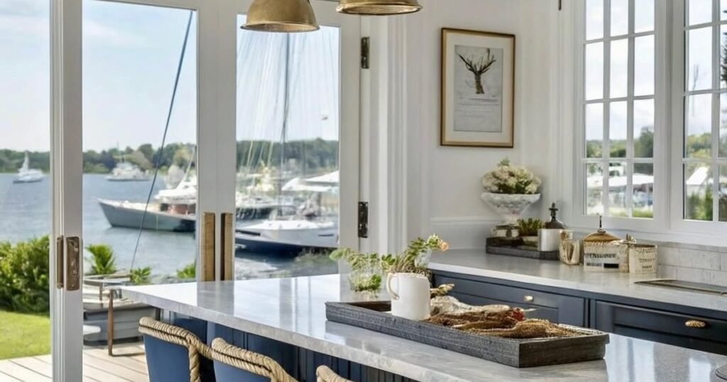 Coastal kitchen with a navy blue island and rope barstools, white cabinets, and a harbor view with sailboats through open glass doors