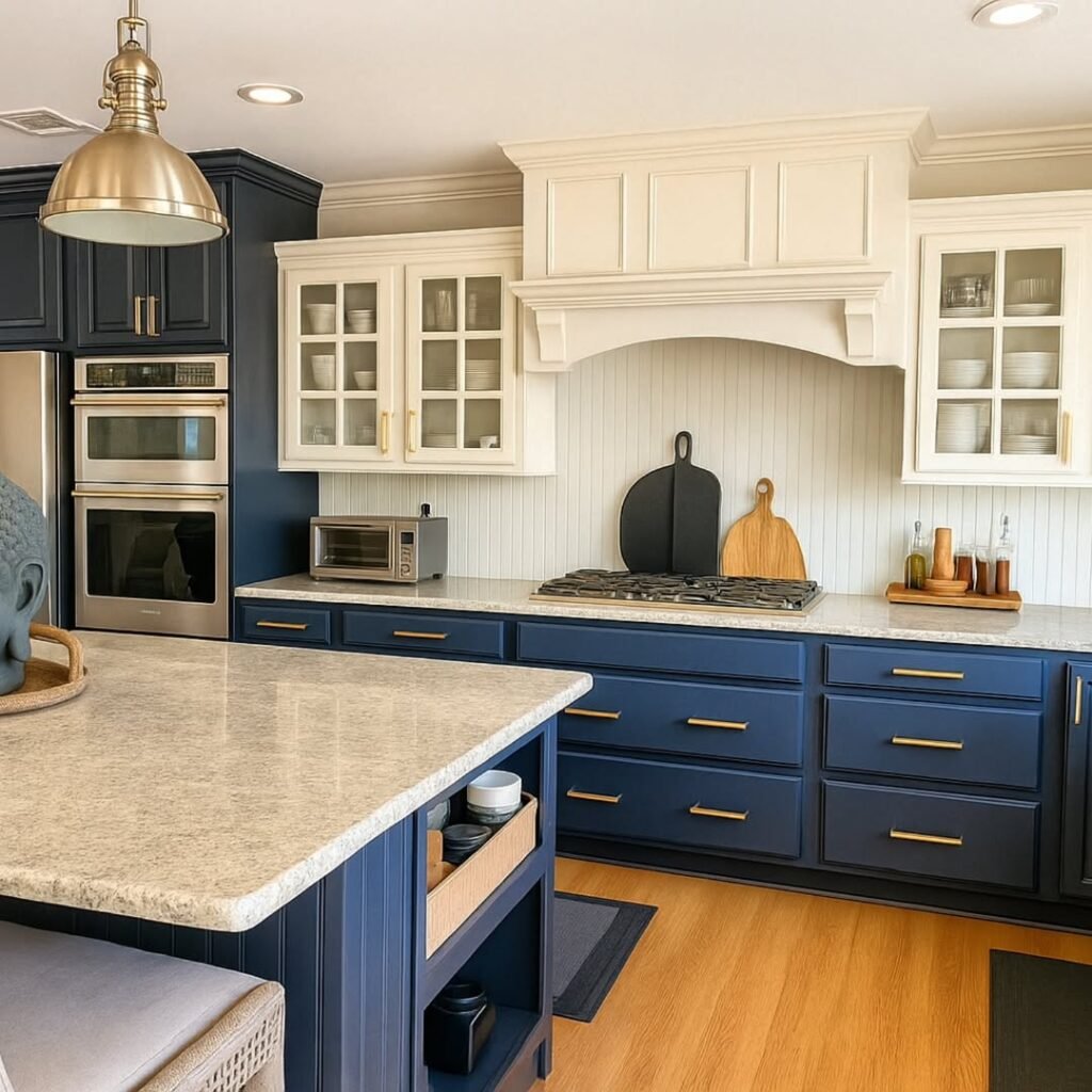 Navy blue and cream two-tone kitchen cabinets with brass hardware and an arched custom range hood