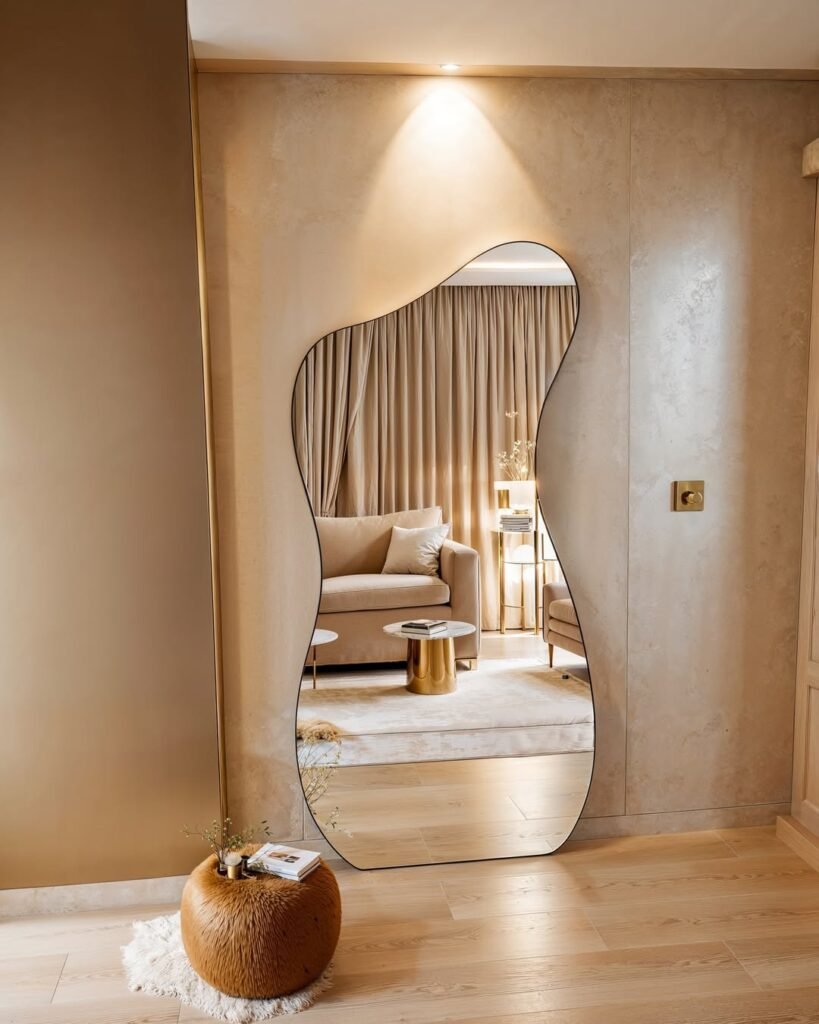 Large organic wavy-edged floor mirror with a thin black frame leaning against a warm plaster wall in a neutral living room, reflecting a beige armchair and gold accents
