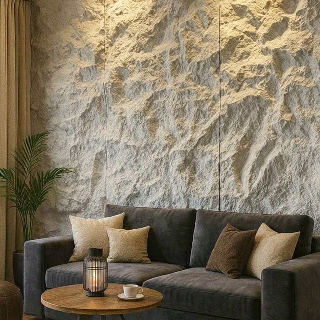 Living room with three floor-to-ceiling rough-cut stone panels behind a dark velvet sofa, lit from above to cast shadows across the texture, with golden curtains framing the left edge