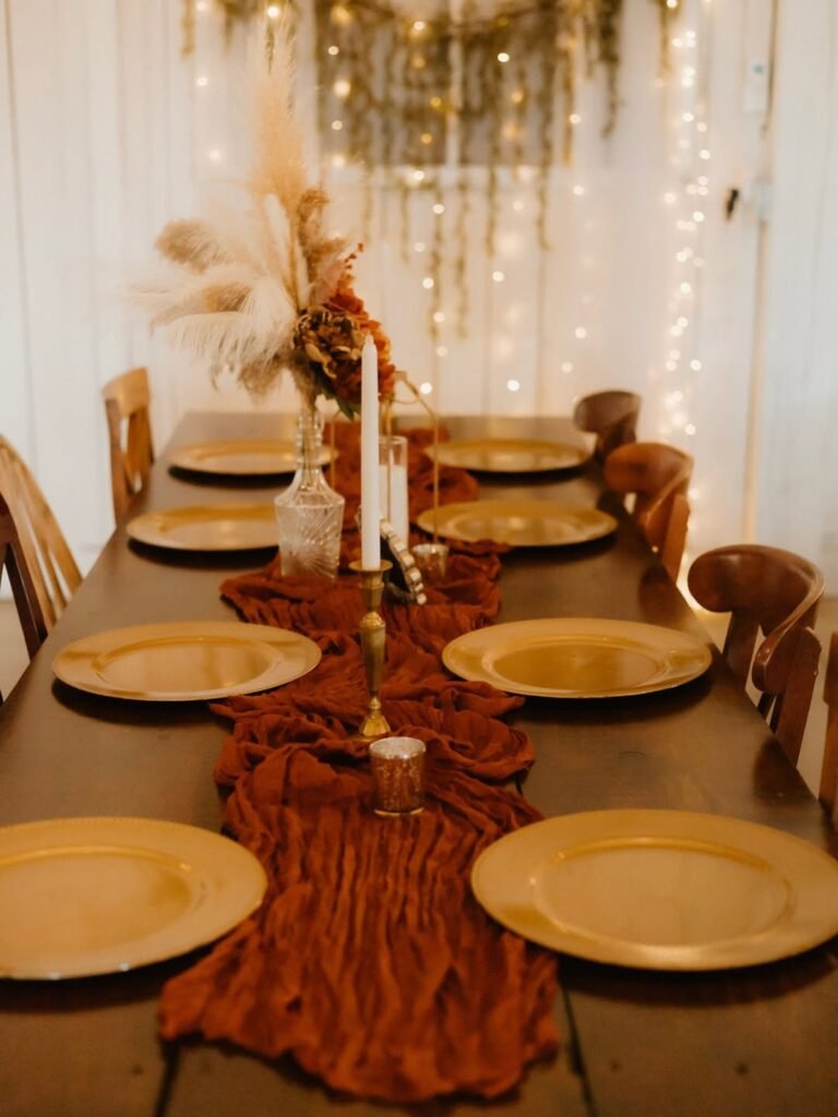 Rust-colored cheesecloth table runner with gold chargers, dried pampas grass centerpiece, and brass candlesticks styled for a boho Thanksgiving table