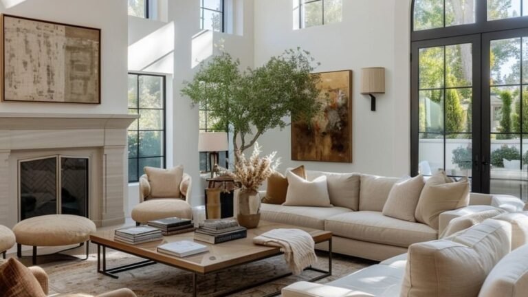 Curved beige sectional sofa and round wood coffee table in a bright organic modern living room with an arched window