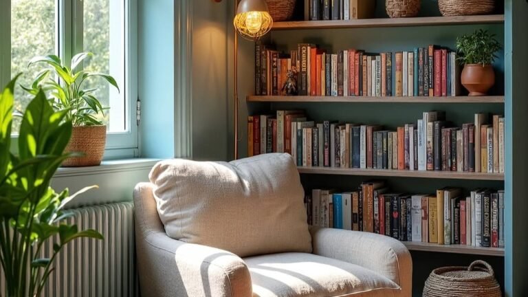 Sunlit reading corner with a beige armchair, glowing rattan floor lamp, and a wall of bookshelves filled with colorful books