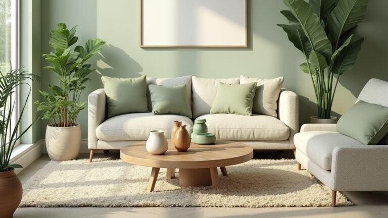 Sage green living room with cream sofa, wood coffee table, terracotta planters, and natural light