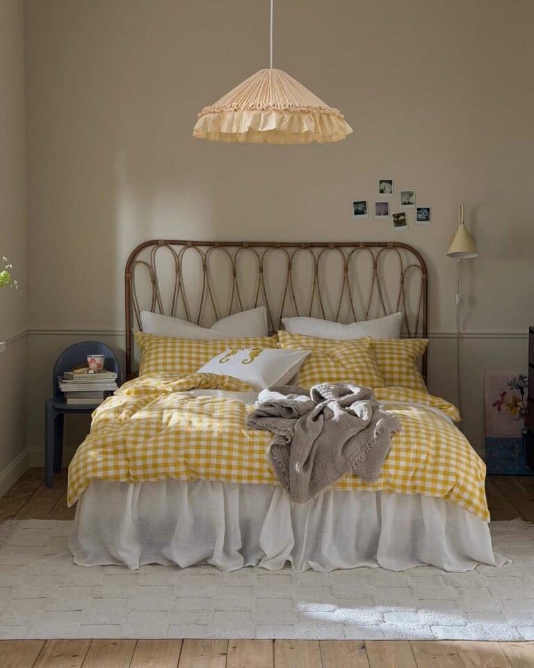 Summer bedroom with a buttercup yellow gingham duvet over a white linen bed skirt, a rattan headboard, and a ruffled pendant light against soft greige walls