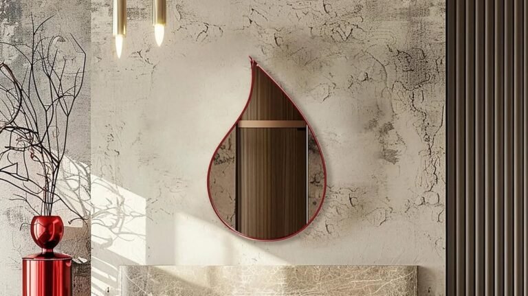 Red teardrop-shaped wall mirror above a marble fireplace in a living room styled with a red vase and red leather chair
