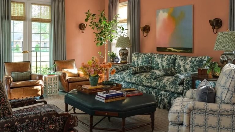 Terracotta living room with a floral sofa, leather club chair, and patterned armchair arranged around a leather ottoman coffee table for extra family seating