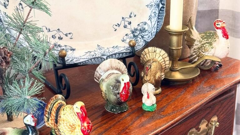 Hand-painted vintage ceramic turkey figurines lined up on a wood sideboard beside a blue and white transferware platter and brass candlestick