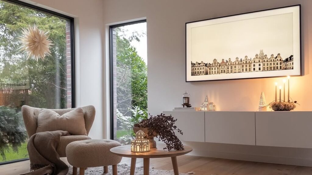 Boucle wingback chair with a chunky wool rug in front of a plain white wall in a Scandinavian living room