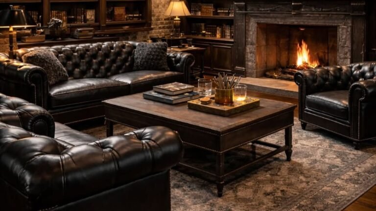 Two-story home library with dark wood built-in bookshelves, black leather chesterfield sofas, and a stone fireplace