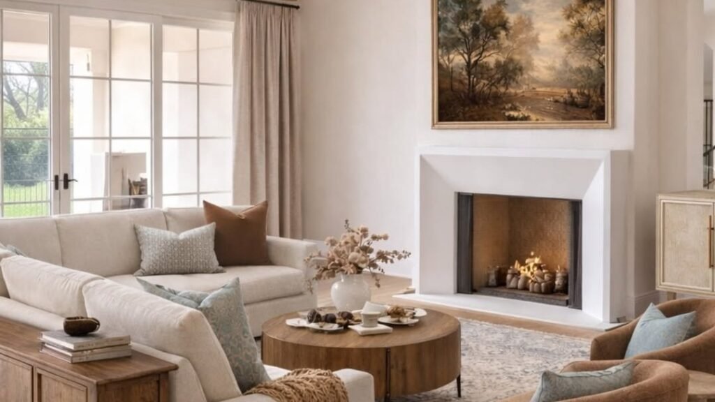 Rustic living room with exposed wood ceiling beams, lit stone-mantel fireplace, and a beige sectional sofa with swivel chairs