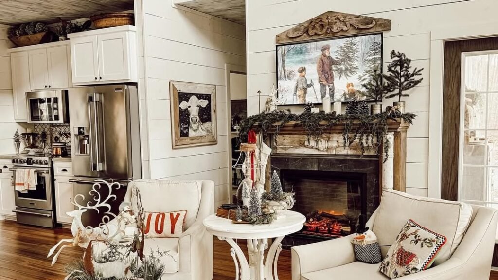 Whitewashed mantel with a family name sign and a lit eucalyptus wreath glowing inside a boarded, non-working fireplace