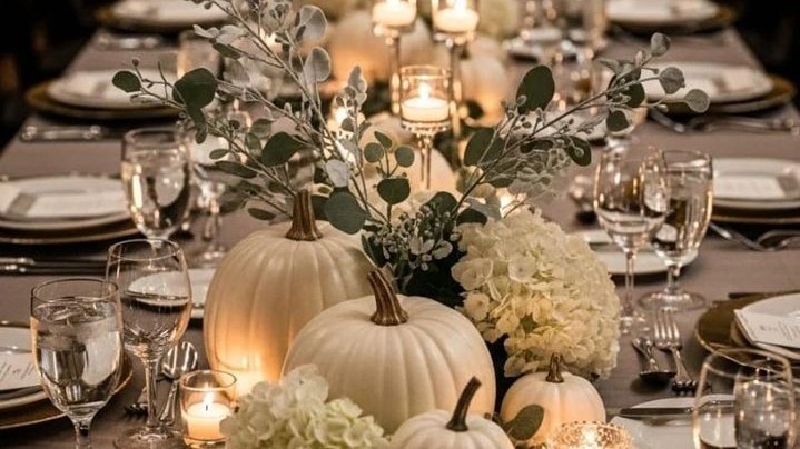 A neutral Thanksgiving table setting with white pumpkins, eucalyptus, white hydrangea, and candlelight down a long dining table