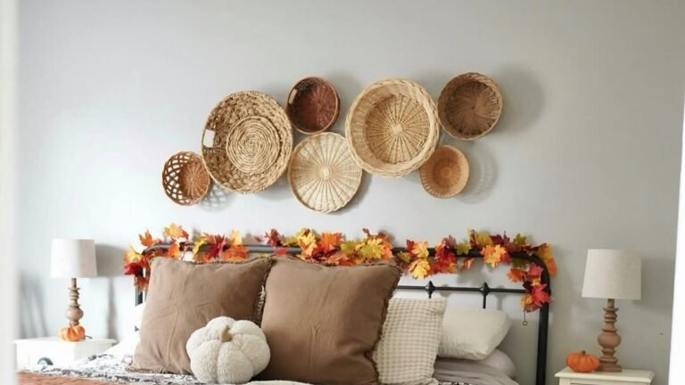Bedroom with a wicker basket wall arrangement, fall leaf garland on the headboard, and a bed layered in a floral quilt, knit throw, and pumpkin pillow