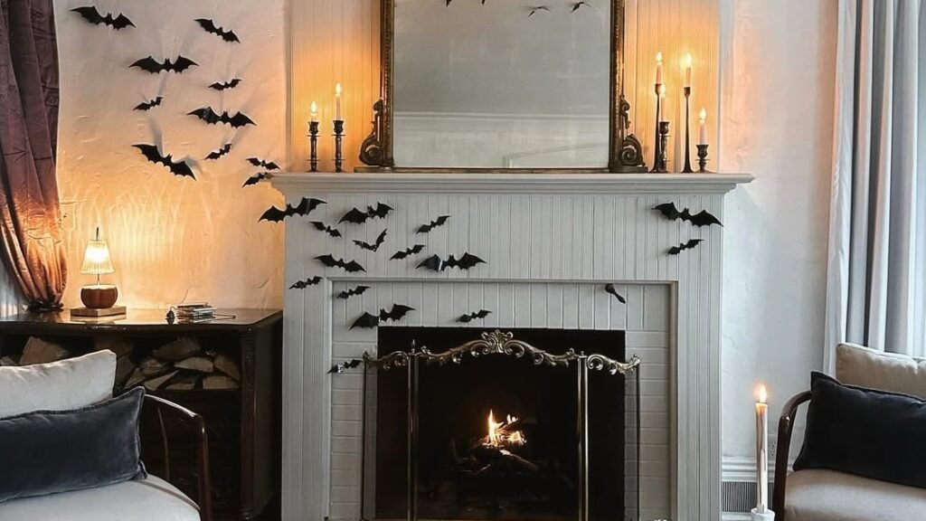 Black paper bats on a gray fireplace mantel with an antique mirror, lit taper candlesticks, and a glowing lit fireplace, styled for Halloween fireplace decor