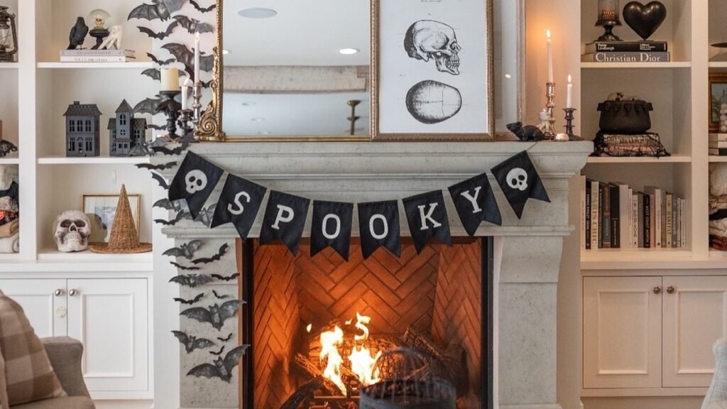 Black paper bats flying diagonally up a white bookshelf wall beside a mantel with a gold mirror, skull print, and "SPOOKY" banner