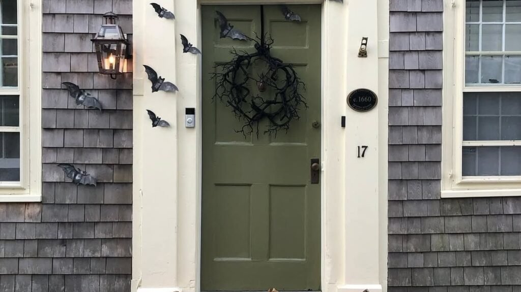 Black front door with scattered bat decorations and a black wreath, flanked by white potted trees and a moon-and-bats doormat on a stone porch