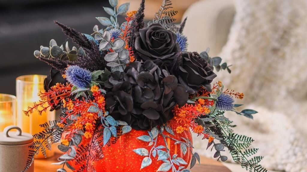 Black pumpkin-shaped vase filled with black roses and dusty blue eucalyptus, lit by a warm candle on a wood table for Halloween decor