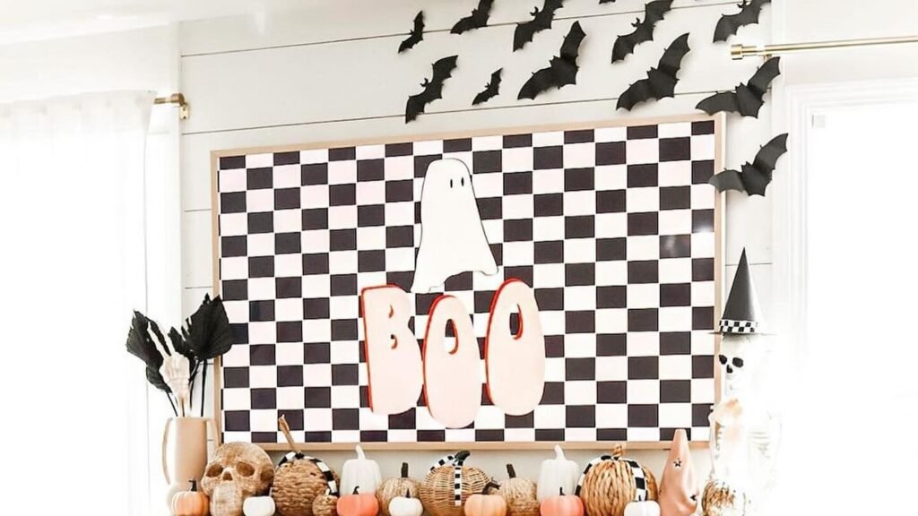 Black paper bats flying above a checkerboard Boo sign on a Halloween mantel styled with pumpkins