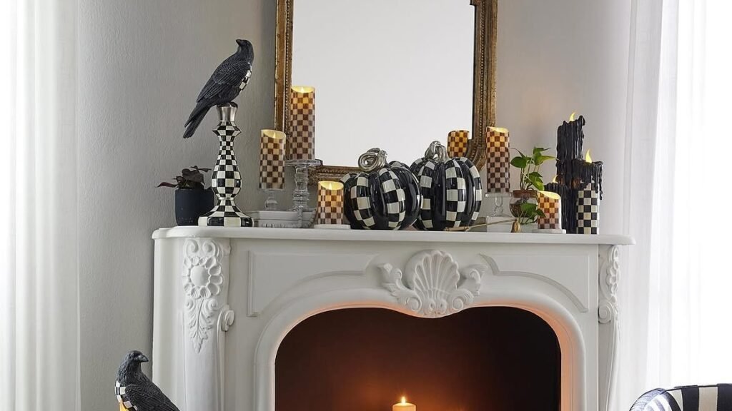 Black and white checkered Halloween pumpkins and black ravens styled on a white marble fireplace mantel with striped candles