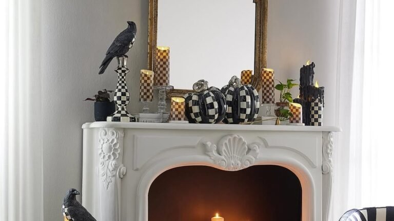 Black and white checkered Halloween pumpkins and black ravens styled on a white marble fireplace mantel with striped candles