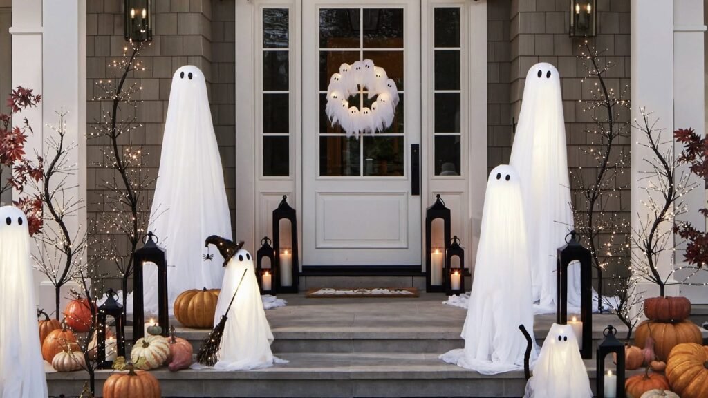 Glowing white ghost decorations standing beside black lanterns with lit candles and pumpkins on a fall front porch