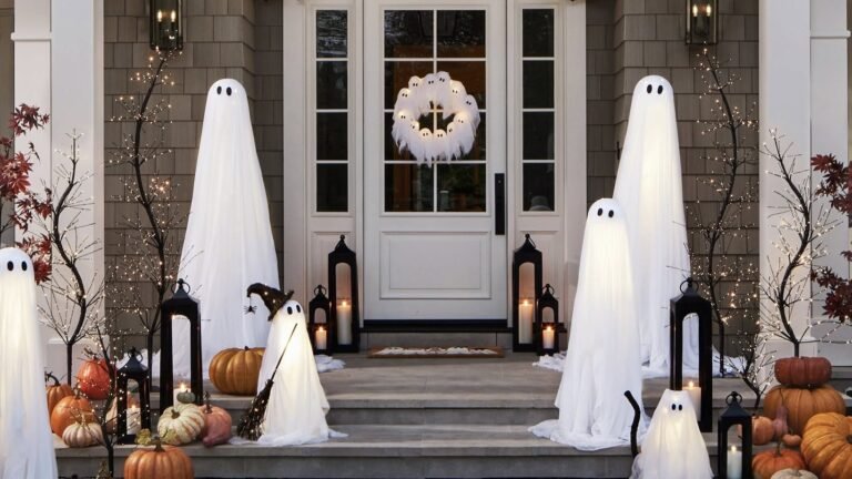 Glowing white ghost decorations standing beside black lanterns with lit candles and pumpkins on a fall front porch