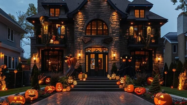Grand stone mansion at dusk with a driveway lined in glowing carved jack-o-lanterns leading to the lit front entrance