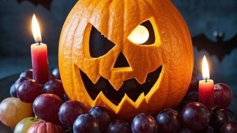 Carved jack-o-lantern pumpkin surrounded by a ring of red and green grapes with lit candles on either side