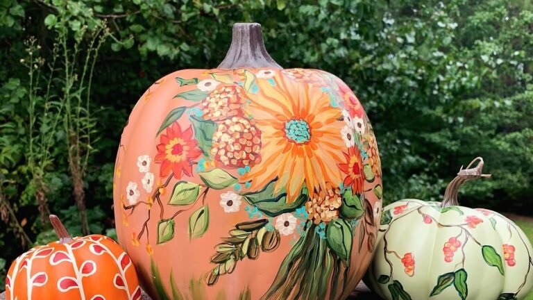 Three hand-painted pumpkins with detailed floral designs in orange, red, and sage green, displayed outdoors on a stone wall