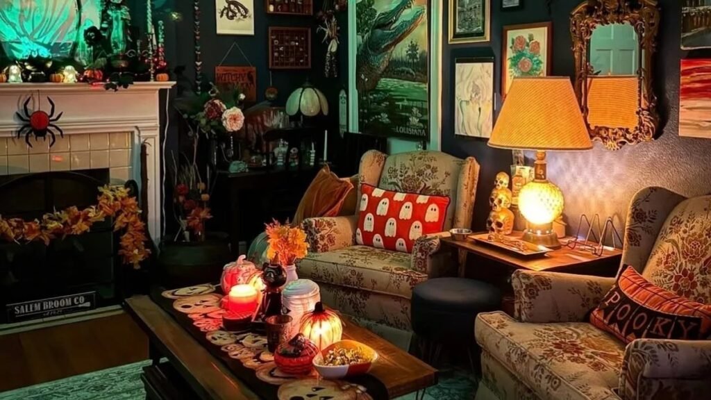 Moody green-lit living room with a gallery wall, skulls on a side table, and warm lamplight styled for a witchy home decor look