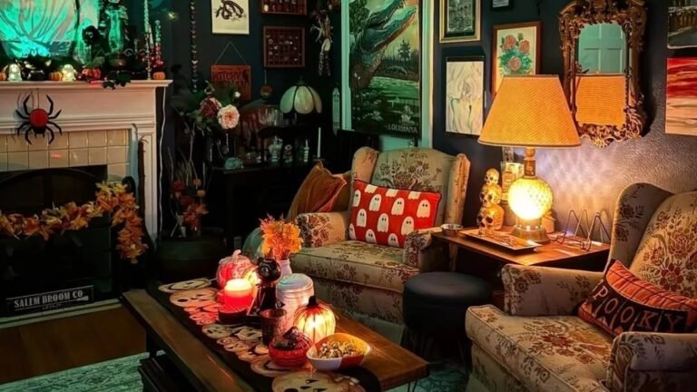 Moody green-lit living room with a gallery wall, skulls on a side table, and warm lamplight styled for a witchy home decor look