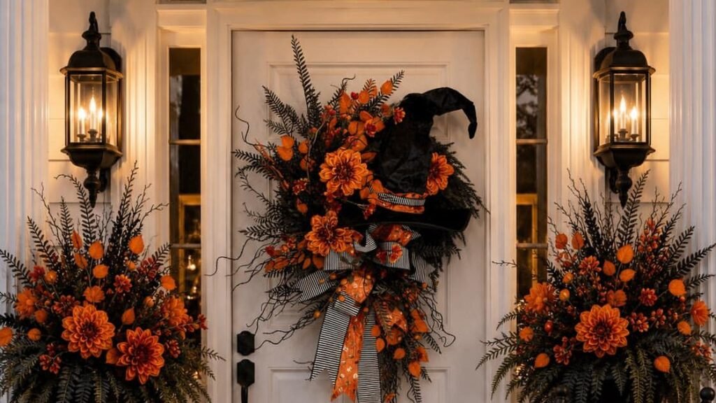Elegant Halloween front porch with an orange dahlia and witch hat wreath on a white door, flanked by black urns with orange florals and black-and-white striped pumpkins
