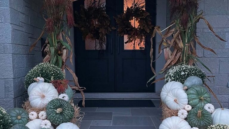 Front entryway steps piled with white and pale blue-green pumpkins, corn stalks, and mums leading up to a dark front door