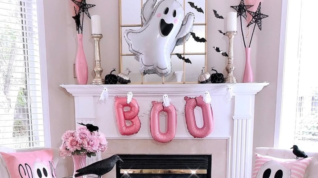 Pink Halloween living room mantel with a ghost balloon, pink "BOO" letter balloons, and pink roses on a white fireplace