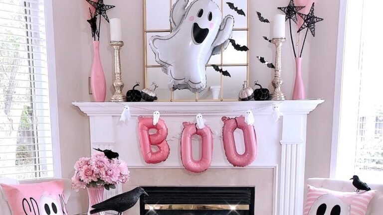 Pink Halloween living room mantel with a ghost balloon, pink "BOO" letter balloons, and pink roses on a white fireplace