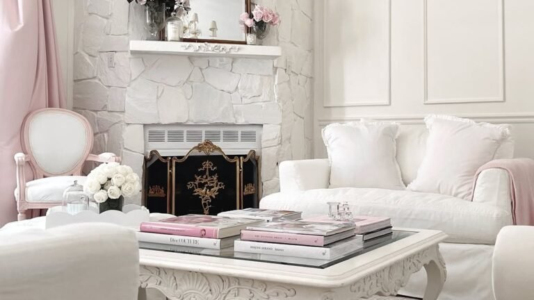 Dusty rose armchair with toile lampshades, an arched mirror, and vintage accents in a Parisian-style pink living room