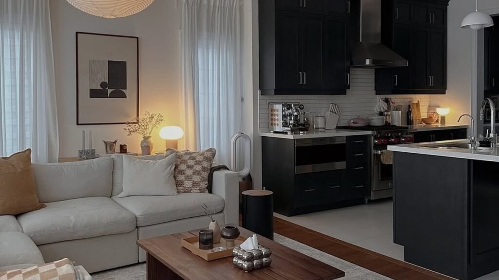 Open concept living room and kitchen with a large rice paper globe pendant glowing warmly over a cream sectional sofa, a walnut coffee table in the foreground, and black shaker cabinets with a range hood in the kitchen on the right — an open plan layout where the living zone and kitchen share one warm, welcoming space
