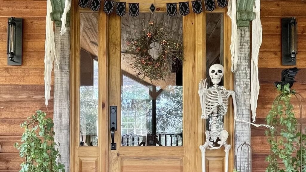 Skeleton decoration standing beside a wood front door with a wreath, black draped cloth, and carved jack-o'-lantern planters for Halloween