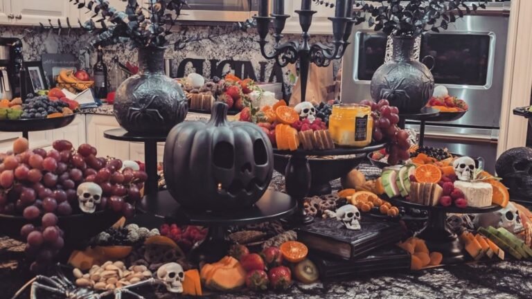 A human-skull centerpiece styled with bone-shaped taper candles, cream linens, and dried florals on an elegant Halloween dinner table, showing Halloween decor that skips costume-store plastic for a custom-built look.