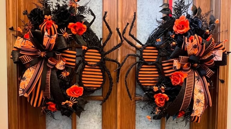 Matching pair of black and orange Halloween wreaths with oversized striped spiders on a wood double door