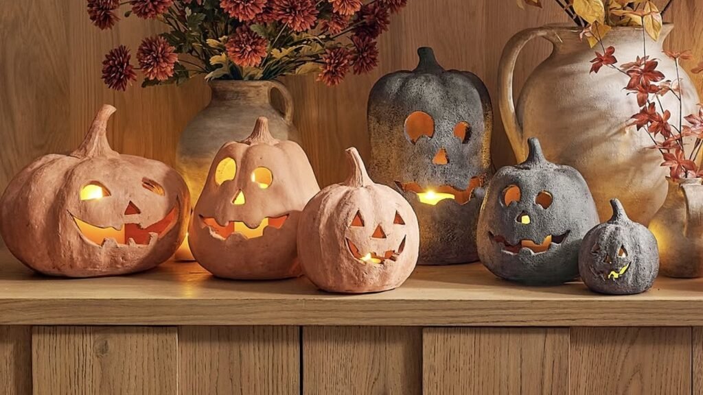 Six glowing terracotta and charcoal jack-o-lanterns with carved faces lined up on a wood shelf, next to a bouquet of rust-colored mums and a stone pitcher of golden fall branches