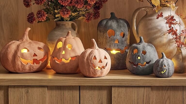 Six glowing terracotta and charcoal jack-o-lanterns with carved faces lined up on a wood shelf, next to a bouquet of rust-colored mums and a stone pitcher of golden fall branches