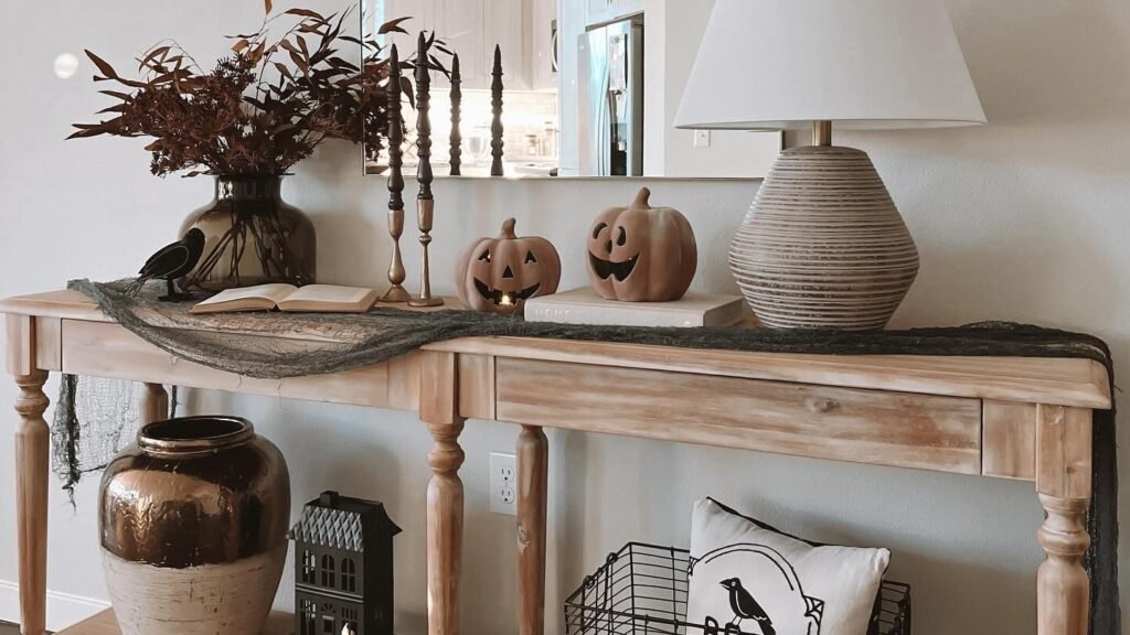 Terracotta jack-o-lantern pumpkins on a light wood console table with a dark cheesecloth runner, brass candlesticks, and a black bird figure for neutral Halloween decor