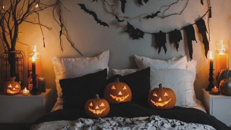 Bedroom with three glowing carved pumpkins on white pillows, black bat-print duvet, and candlelight on both nightstands