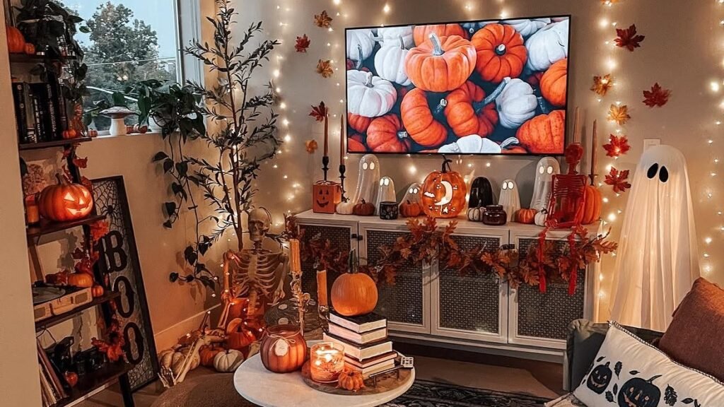 Alt text: Cozy apartment living room with witch hats and string lights above a TV console styled with ghosts, glowing jack-o'-lanterns, and fall garland