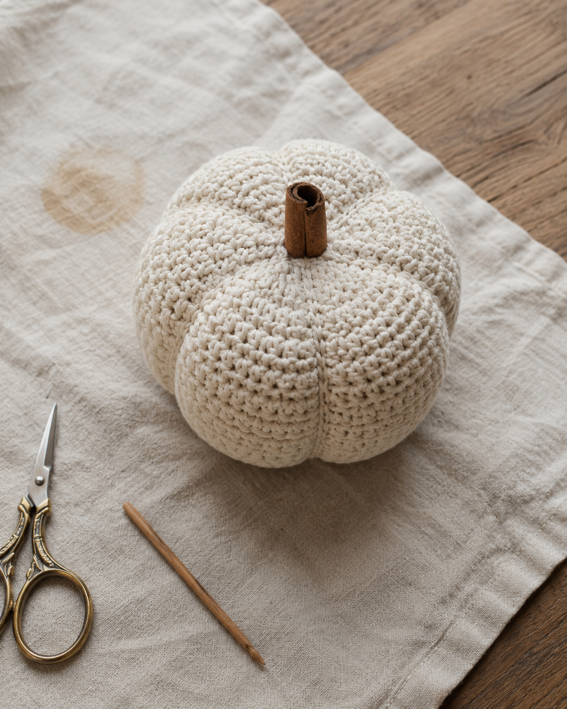 Overhead view of finished crochet pumpkin showing top disc, ribbed sides and cinnamon stem with brass scissors