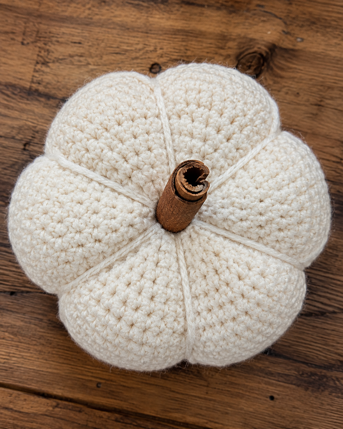 Overhead view of finished crochet pumpkin with cinnamon stick stem showing six ribs from top