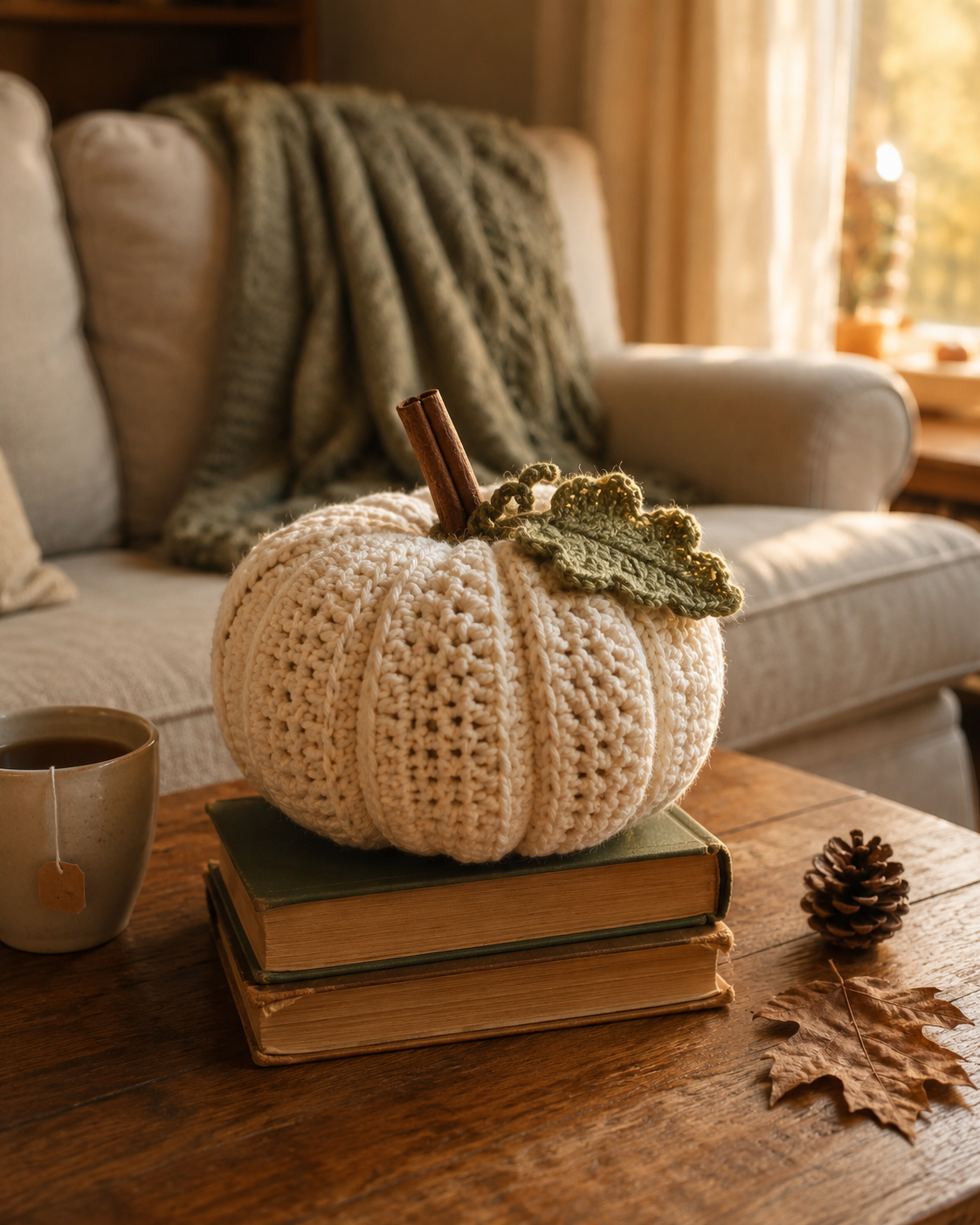 Finished cream crochet pumpkin styled on books with cinnamon stem and sage green crochet leaf